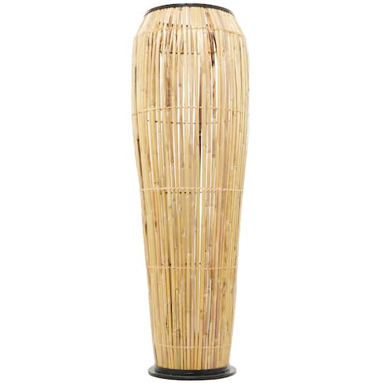 Brown Wicker Handmade Slatted Frame Vase with Black Metal Accents